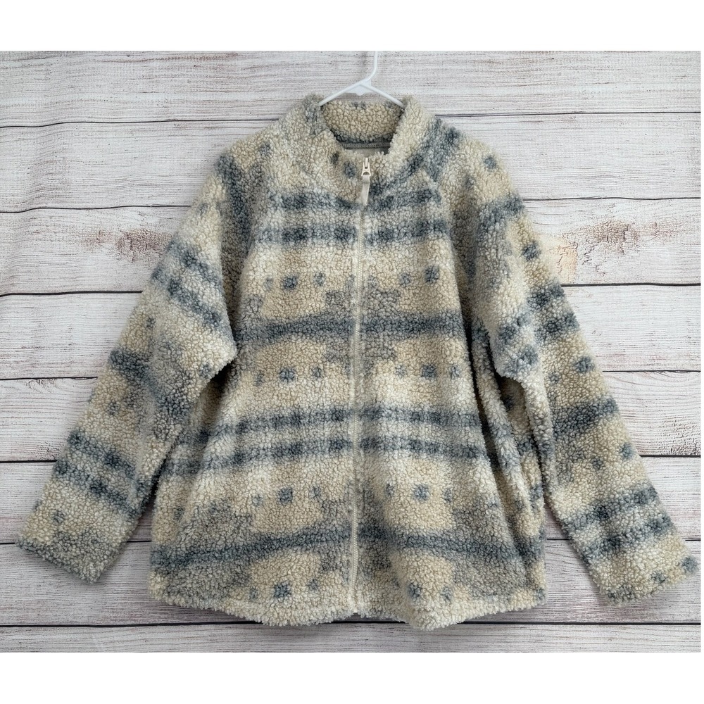 Lucky Brand Fleece Jacket Womens XL Cream Blue Aztec Sherpa Full Zip Mock Neck